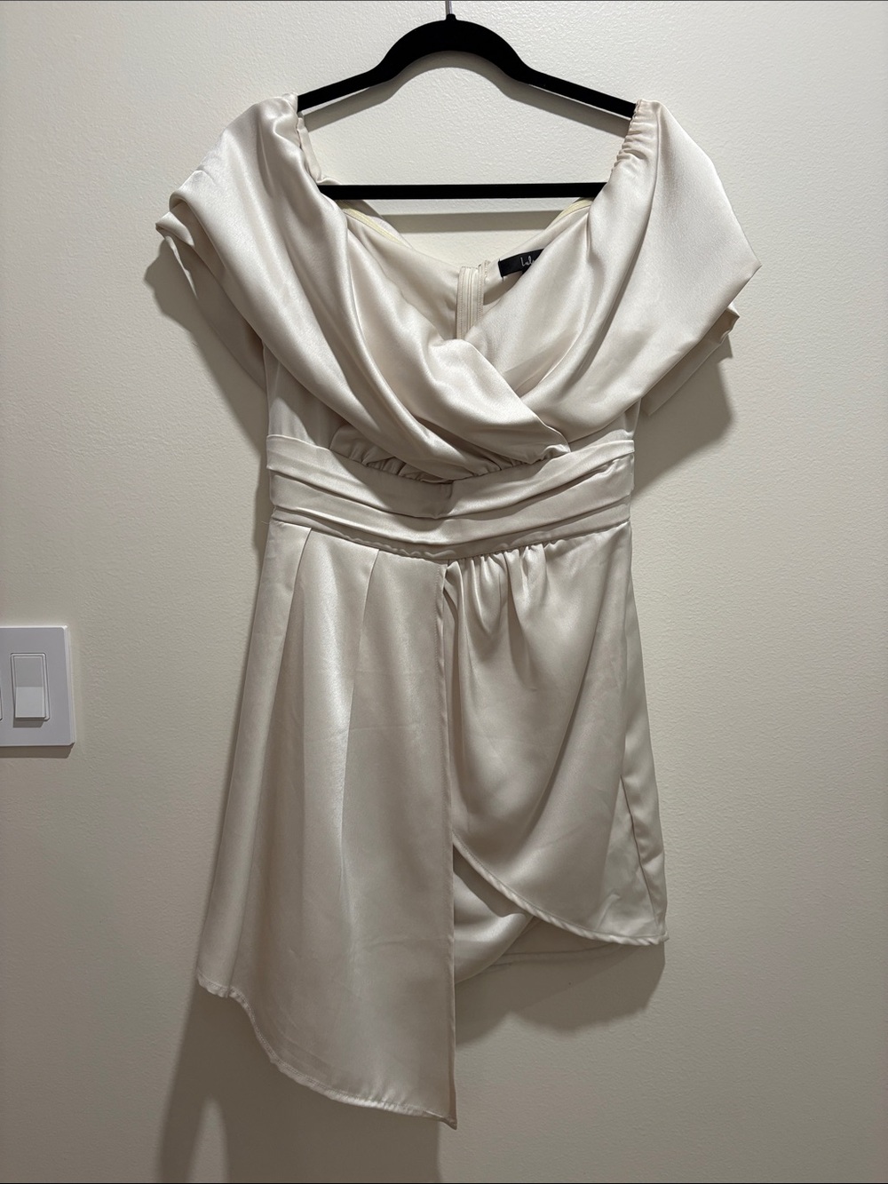 Lulu's Ivory Satin Off-Shoulder Draped Mini Dress